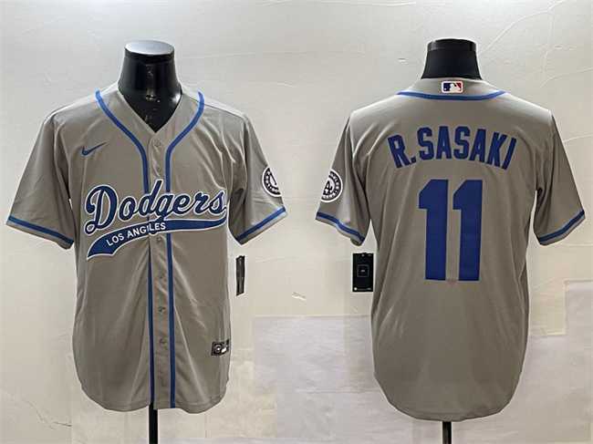 Mens Los Angeles Dodgers #11 Roki Sasaki Gray With Patch Cool Base Stitched Jersey